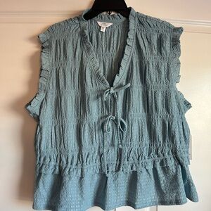 Time and Tru Dusty Blue Smocked Tie-Front Sleeveless Blouse